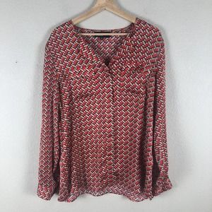 Jones New York Shirt Red Silky Print Buttons Chest Pockets Versatile Size 16